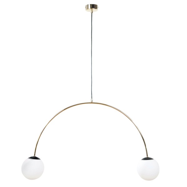 Lampa wisząca do salonu BOW złoty łuk z dwoma szklanymi mlecznymi kloszami 1221 Zuma Line